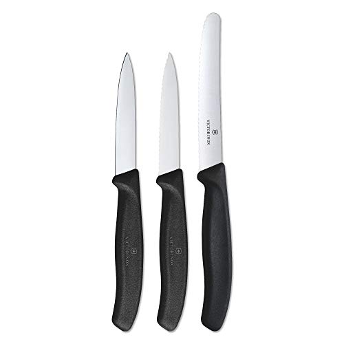 Victorinox Swiss Classic Stainless Steel Kitchen Knife Set of 3, 11 cm, Serrated Edge, 8 cm Straight Edge and 8 cm Serrated Edge, Professional and Household Kitchen, Black, Swiss Made, 6.7113.3