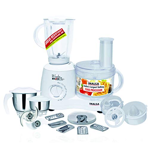 Inalsa Food Processor Wonder Maxie Plus 800 - Watt with Blender Jar, Dry Grinding Jar, Chutney Jar, 11 Accessories| 5 Yr. Warranty on Motor | Citrus and Centrifugal Juicer | Made in India | (White)
