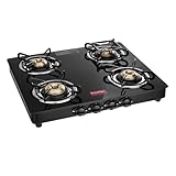 Prestige Marvel Glass Top 4 Burner Gas Stove, Manual Ignition, Tempered Glass, Black