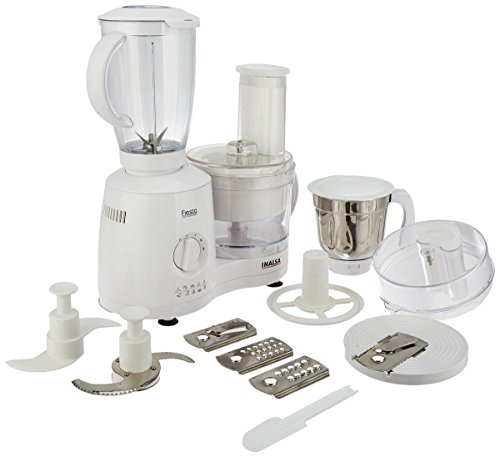 INALSA Food Processor/ Atta Kneader/ Chopper 650 Watts-Fiesta| Unbreakable Processing Bowl, Blender & Dry Grinding Jar,8 Accessories| 5 Yr Warranty on Motor| Centrifugal Juicer| Made in India (White)