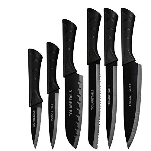 TOUARETAILS 6 Pieces Professional Kitchen Knife Set for Non-Slip Handle with Sharp Manual Sharpening for Chef Cooking Cutting Knife Bread Slicing Knife Set (Black, Stainless Steel)