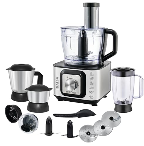 Inalsa INOX 1000 1000 Watts Food Processor with Blender Jar,304 Grade SS Dry Grinding,Chutney Jar,12 Accessories,Centrifugal & Citrus Juicer,(Black/Silver), Standard